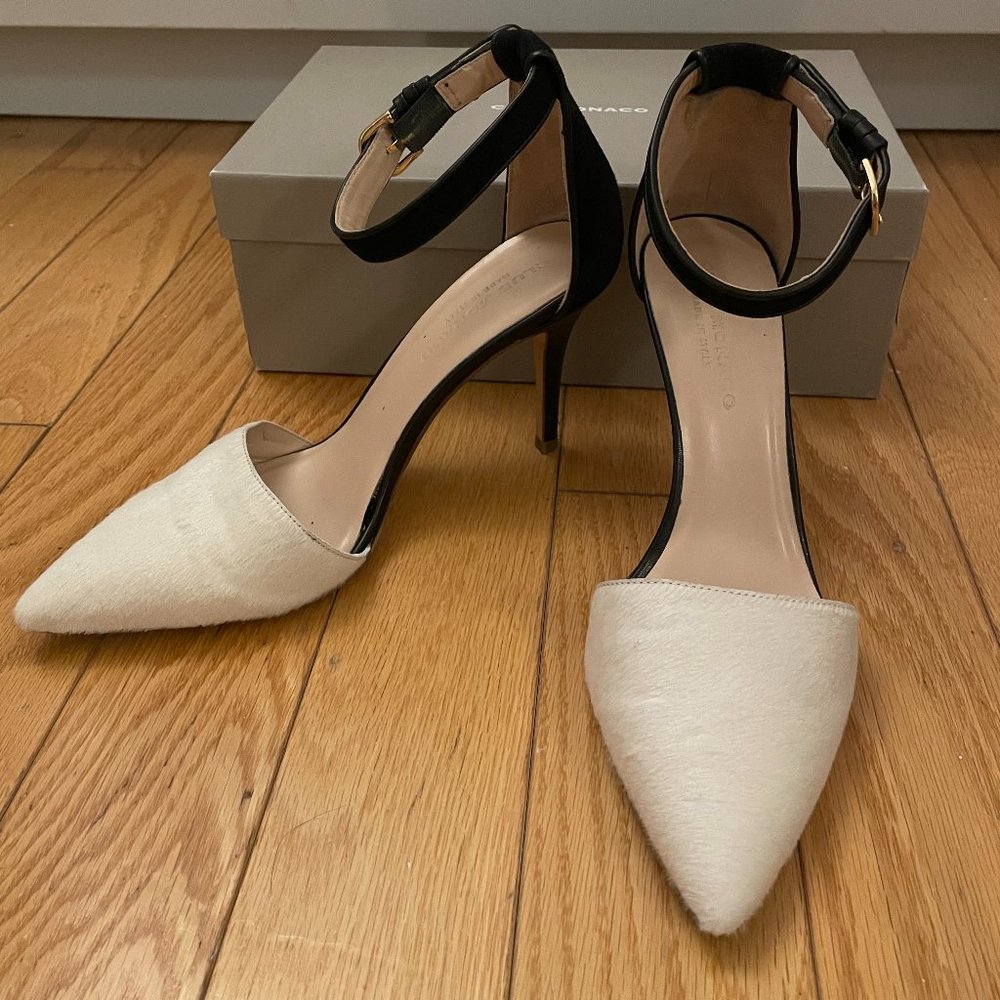 Club Monaco Ivory Calf Hair Heeled Sandal with Black Leather Ankle Strap, Size 7